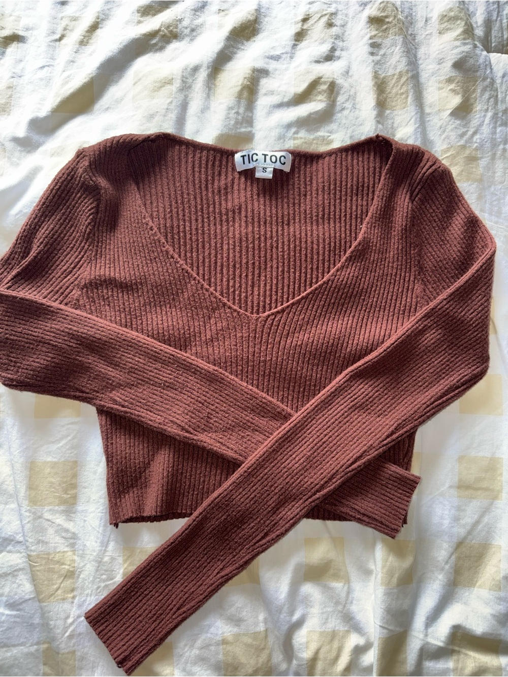 Brown Ribbed V‑Neck Cropped Sweater